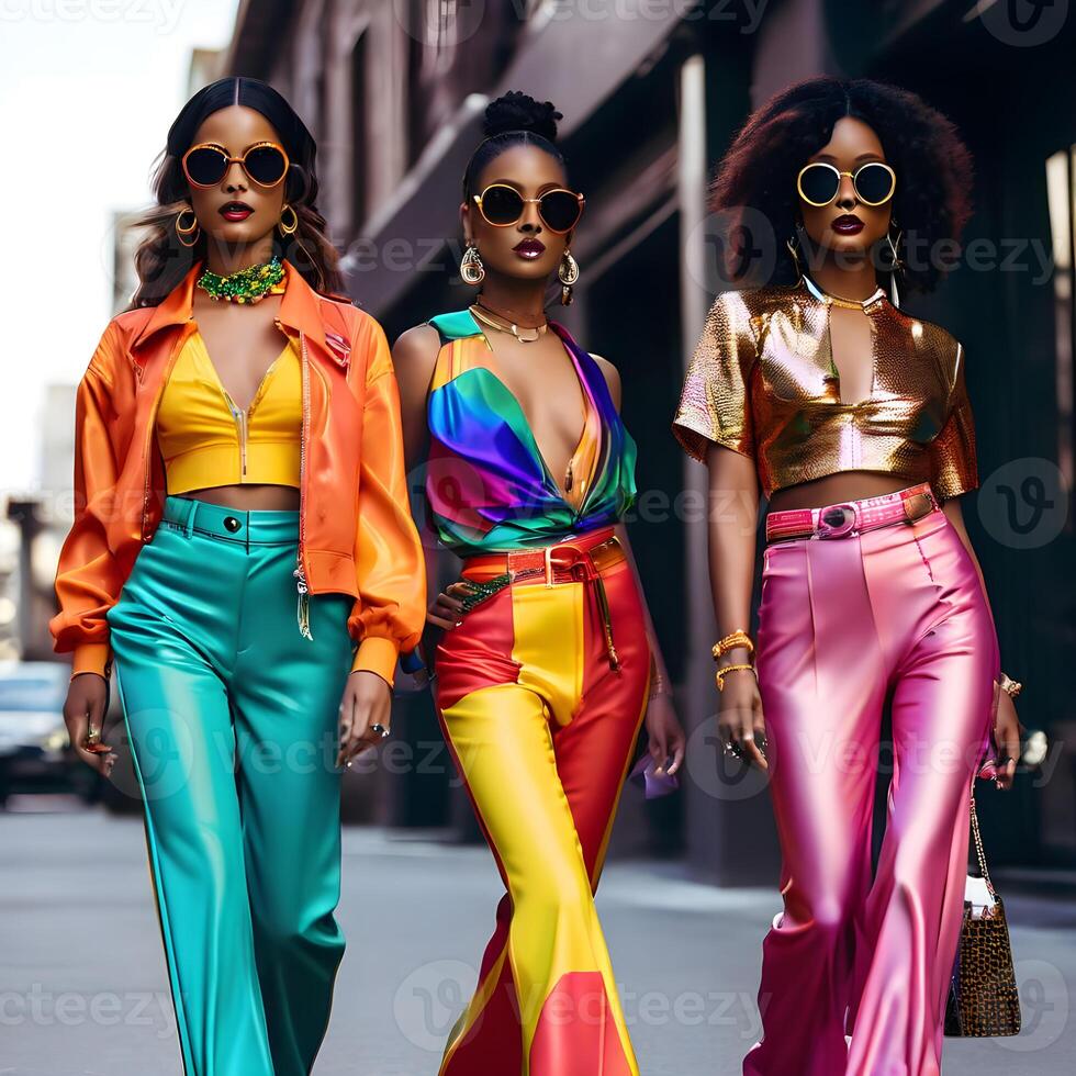 AI generated Attractive woman with glasses wearing a colorful outfit reflecting 80s fashion. Generative AI photo