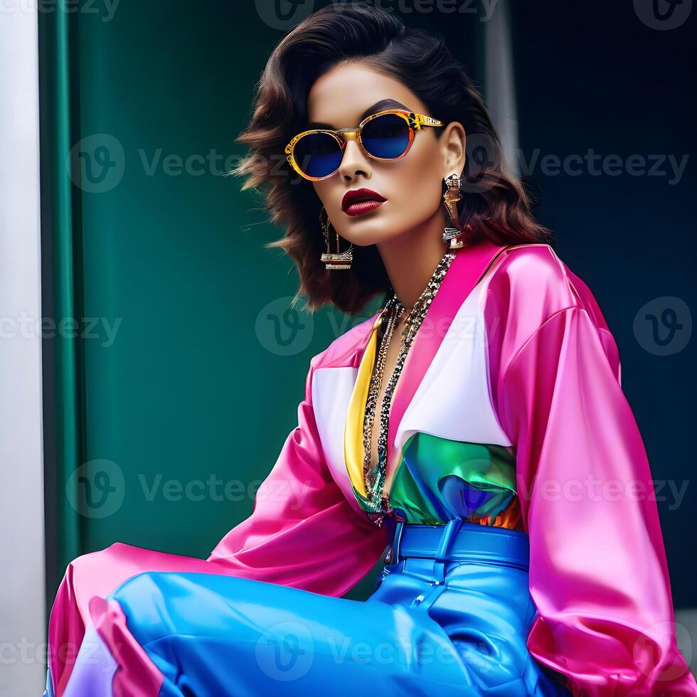 AI generated Attractive woman with glasses wearing a colorful outfit reflecting 80s fashion. Generative AI photo