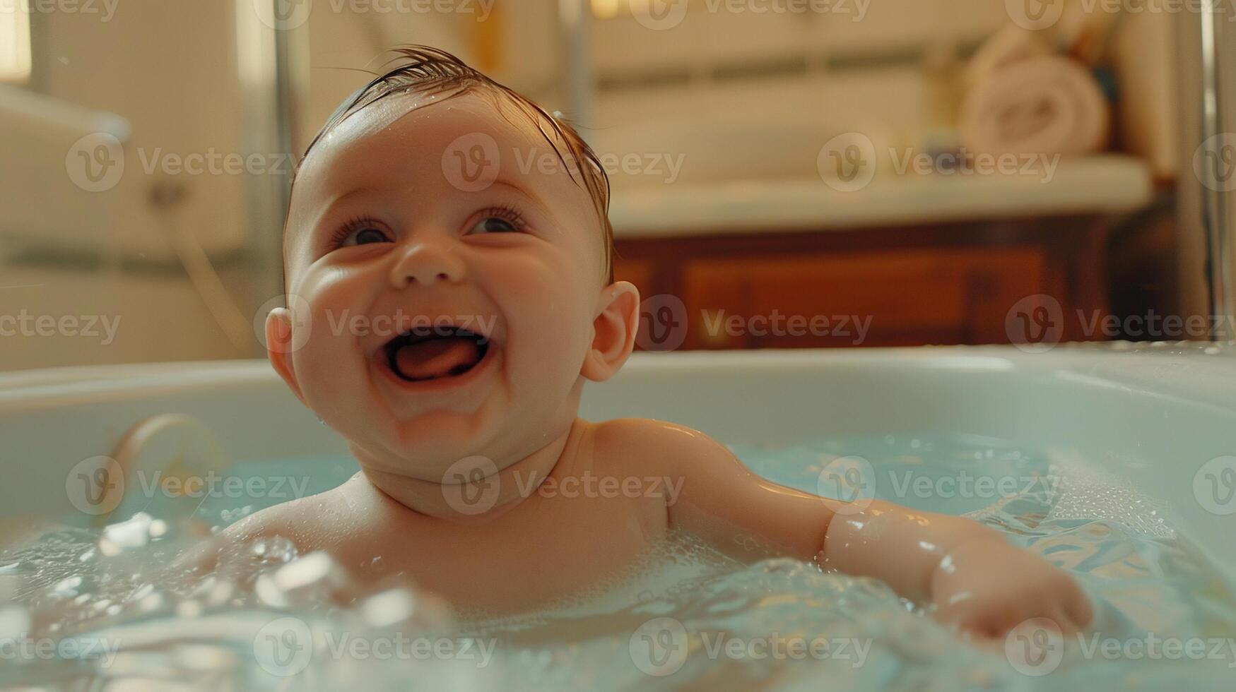 ai generado bebé niño riendo en bañera tina. feliz, sonrisa, reír, jugar, divertido, burbuja, bañarse, niños, niño, bañera, agua, espuma, alegría, jabón, ducha, higiene, húmedo, limpio, niño pequeño, baños foto