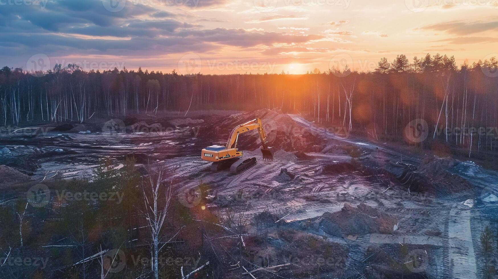 ai generado trabajando excavador en sitio con hermosa puesta de sol. cargando, campo, excavar, amanecer, sol, tractor, excavación, tierra, proyecto, máquina, excavadora, industrial, pesado, vehículo, trabajar, suciedad foto