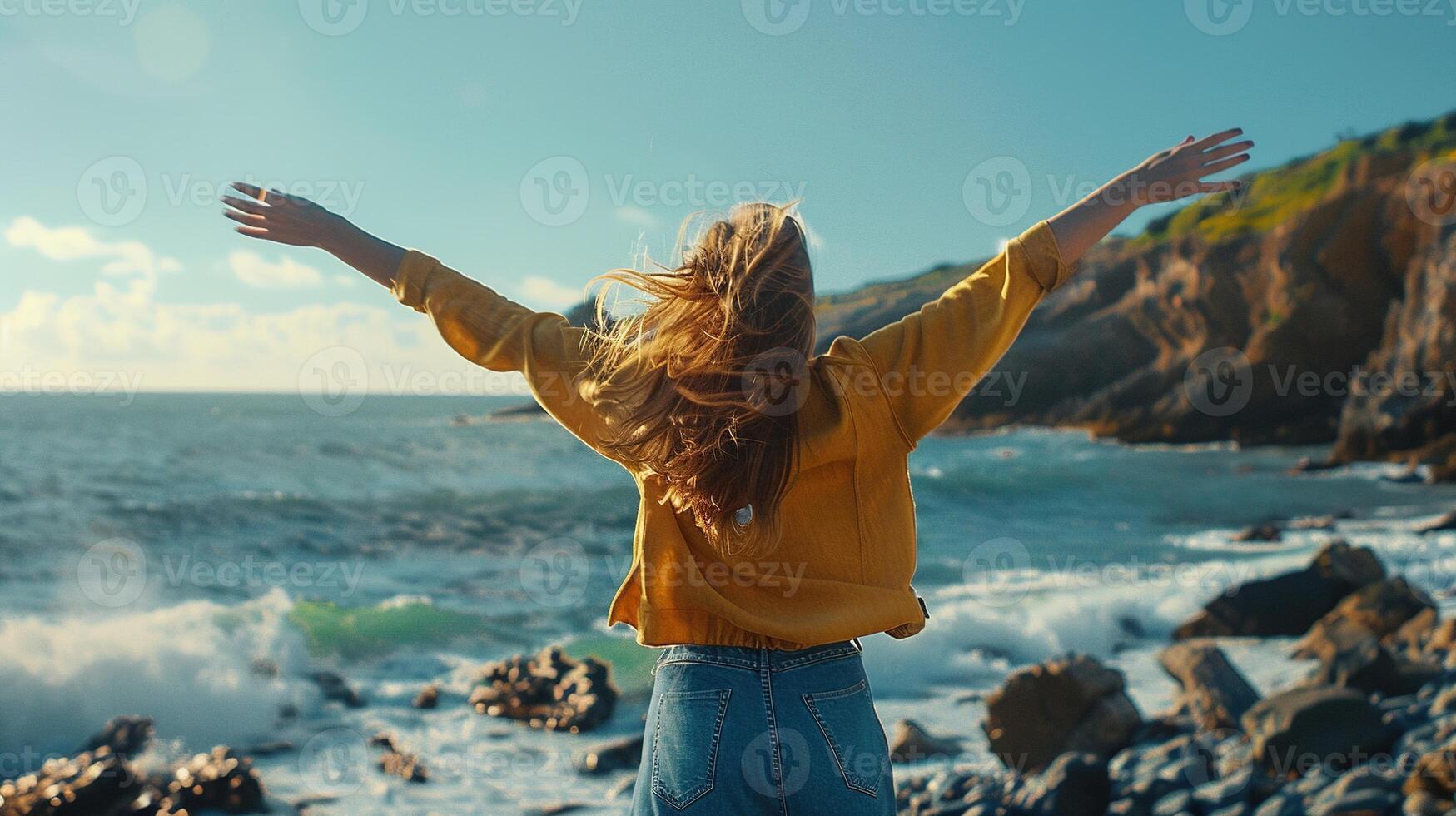 AI generated Woman Enjoying Wind and Breathing Fresh Air on Rocky Beach. Enjoy, Female, Women, Healthy, Sea, Meditation, Harmony, Stone, Vacation, Rock, Travel photo