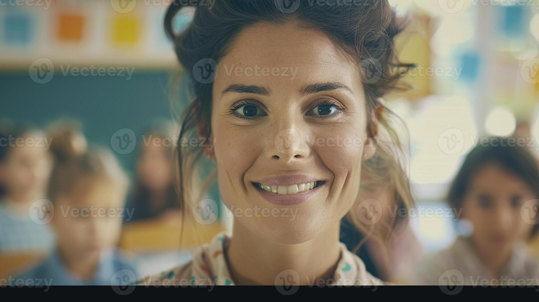 AI generated Female Teacher in Class with Learning Students on Background. Education, Classroom, Teacher, Children, Child, Study, Learn, Woman, Academic, Academy, Portrait, Lifestyle photo