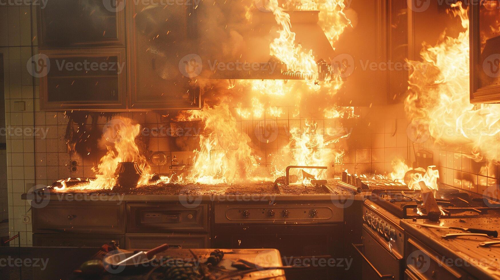 AI generated Fire in Kitchen. Flame, Accident, Disaster, Indoor, Insurance, Dangerous, Danger, Wreckage, Fireman, Fire Engine, Heat, Inferno photo