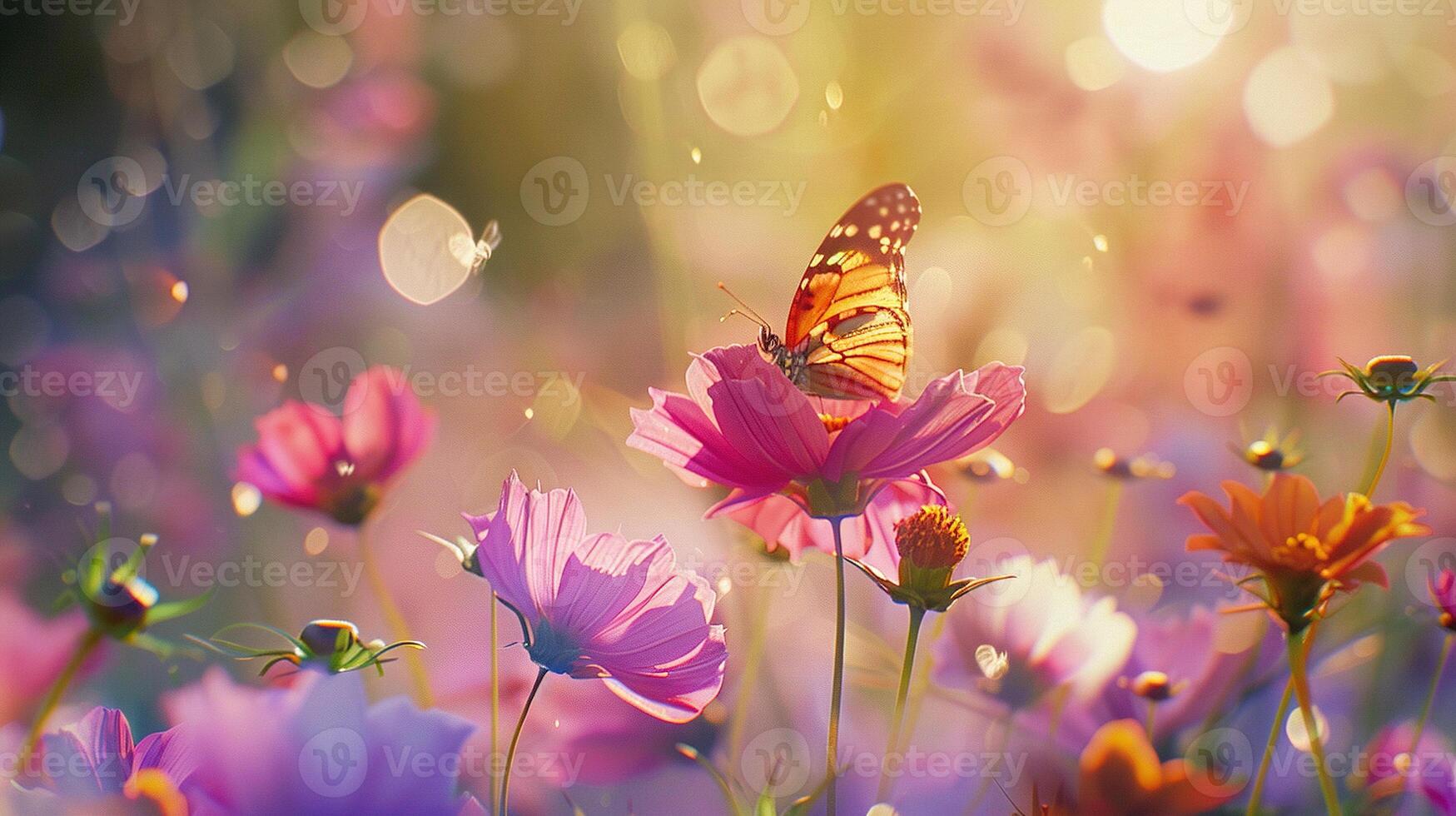 AI generated Field of Colorful Cosmos Flower and Butterfly in Nature with Sunlight. Summer, Spring, Bokeh, Flora, Floral, Violet, Pollen, Insect, Bug, Closeup, Background, Wallpaper, Plant photo