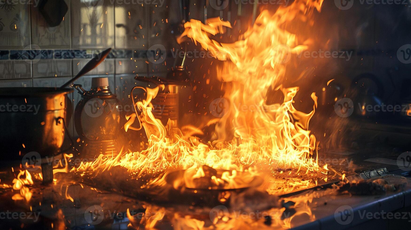 AI generated Fire in Kitchen. Flame, Accident, Disaster, Indoor, Insurance, Dangerous, Danger, Wreckage, Fireman, Fire Engine, Heat, Inferno photo