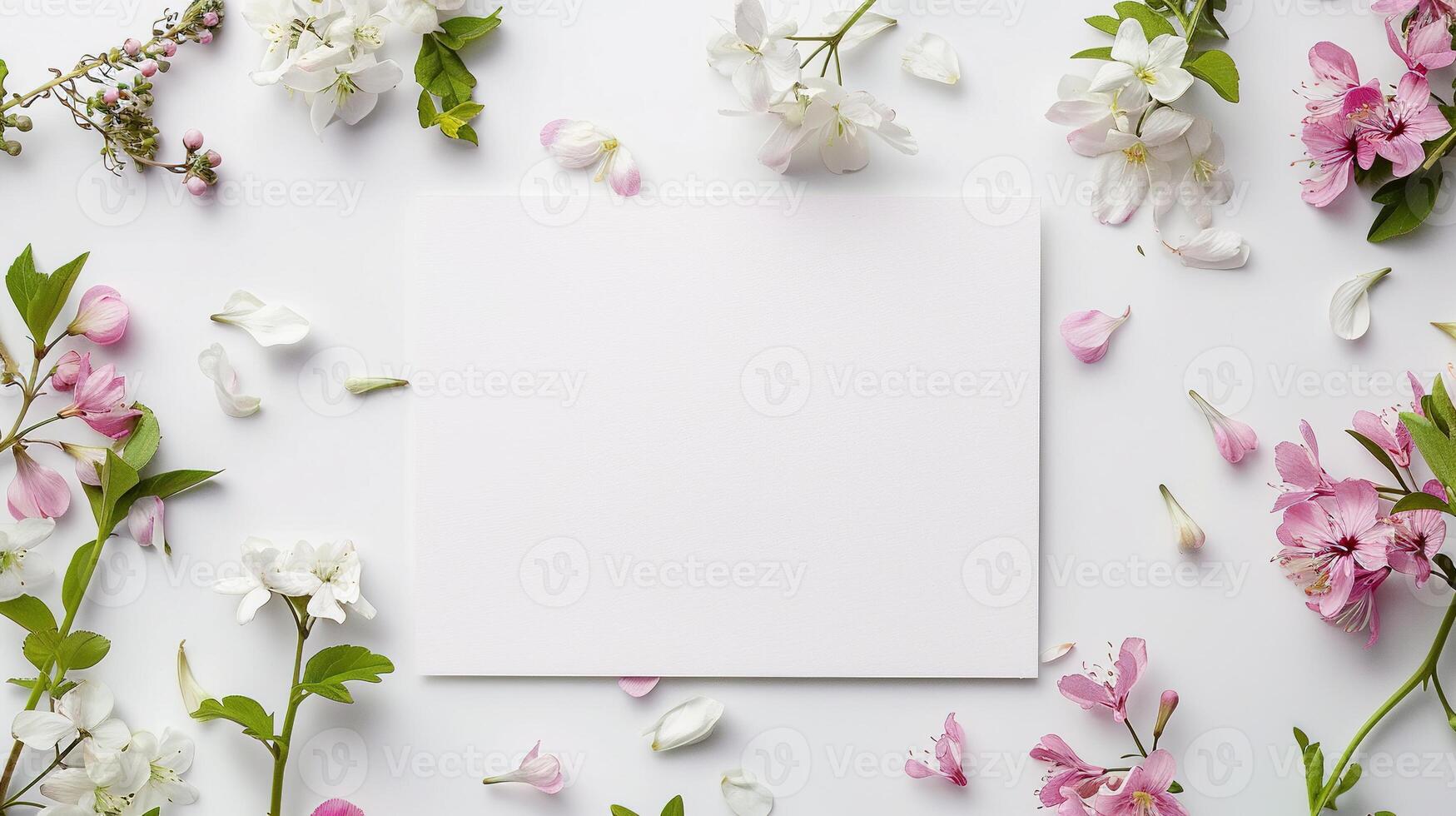 ai generado blanco tarjeta con flores en blanco antecedentes. flor, floreciente, floral, invitación, celebracion, casamiento, plano, parte superior vista, amar, plantilla, saludo, romántico, marco, invitación foto