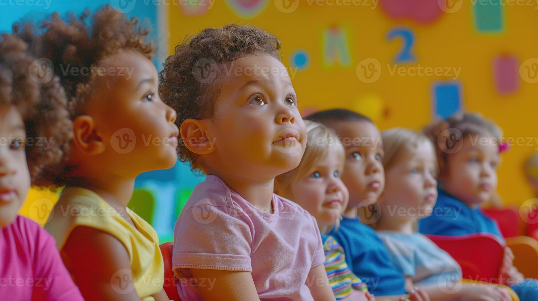 AI generated Cute Diverse Group of Toddlers Sitting in Classroom and Looking in Awe. Kid, Child, Children, Student, Diversity, Inclusion, Equality, Equity, Belonging, DEIB, Fun, Happy, Enjoy photo