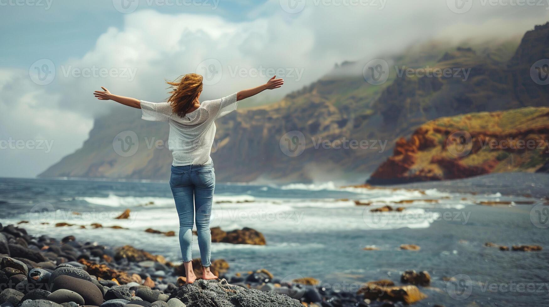 AI generated Woman Enjoying Wind and Breathing Fresh Air on Rocky Beach. Enjoy, Female, Women, Healthy, Sea, Meditation, Harmony, Stone, Vacation, Rock, Travel photo