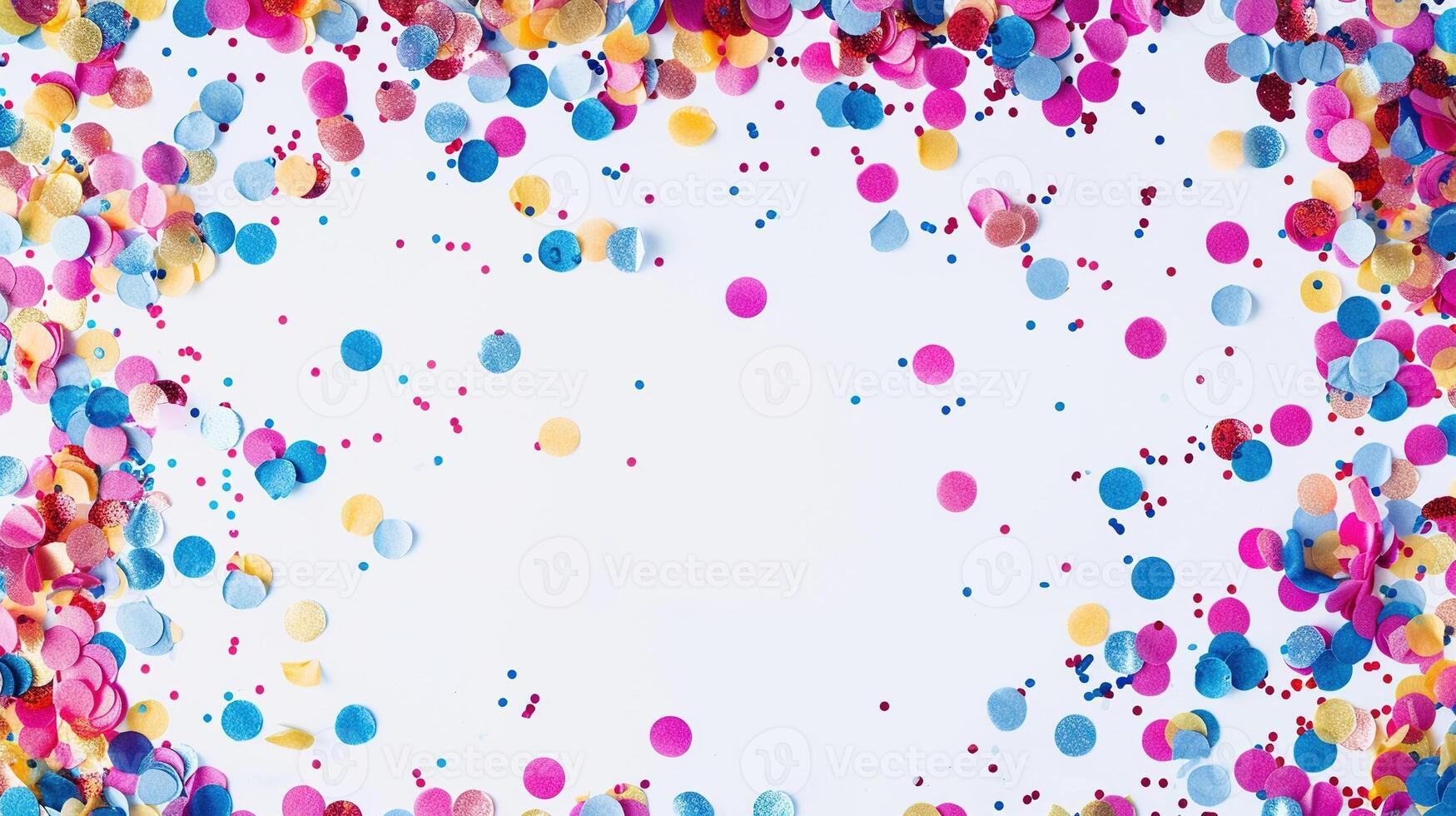 AI generated Colorful Confetti Border Frame Repeat Pattern on White Background. Copy Space, Design, Trendy, Happiness, Birthday, Wallpaper, Fun, Celebration, Decoration, Decorative photo