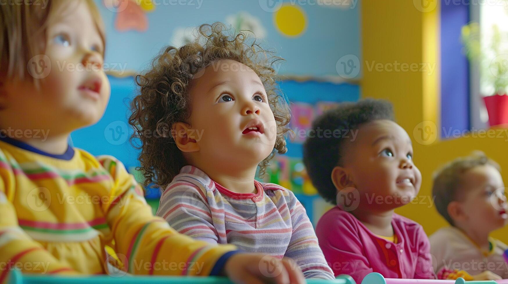 AI generated Cute Diverse Group of Toddlers Sitting in Classroom and Looking in Awe. Kid, Child, Children, Student, Diversity, Inclusion, Equality, Equity, Belonging, DEIB, Fun, Happy, Enjoy photo
