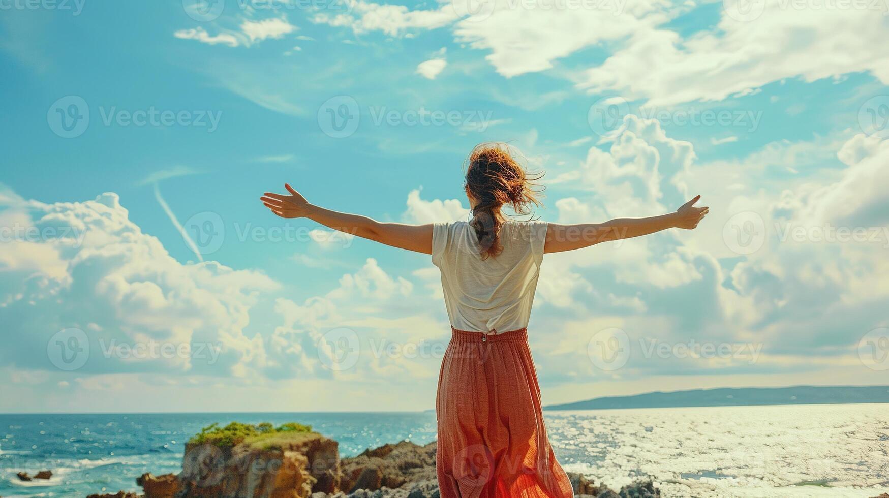 AI generated Woman Enjoying Wind and Breathing Fresh Air on Rocky Beach. Enjoy, Female, Women, Healthy, Sea, Meditation, Harmony, Stone, Vacation, Rock, Travel photo