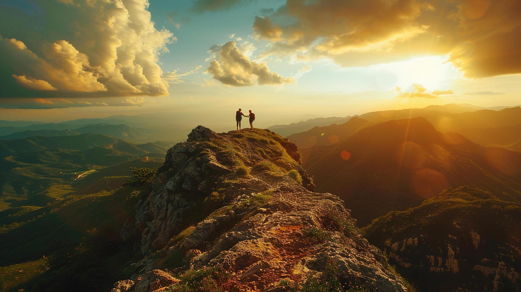 AI generated Hiking Hiker Helping Friend to Reach Mountain Top Peak. Two People Doing Teamwork and Achieving Success with Beautiful Landscape with Sunrise photo