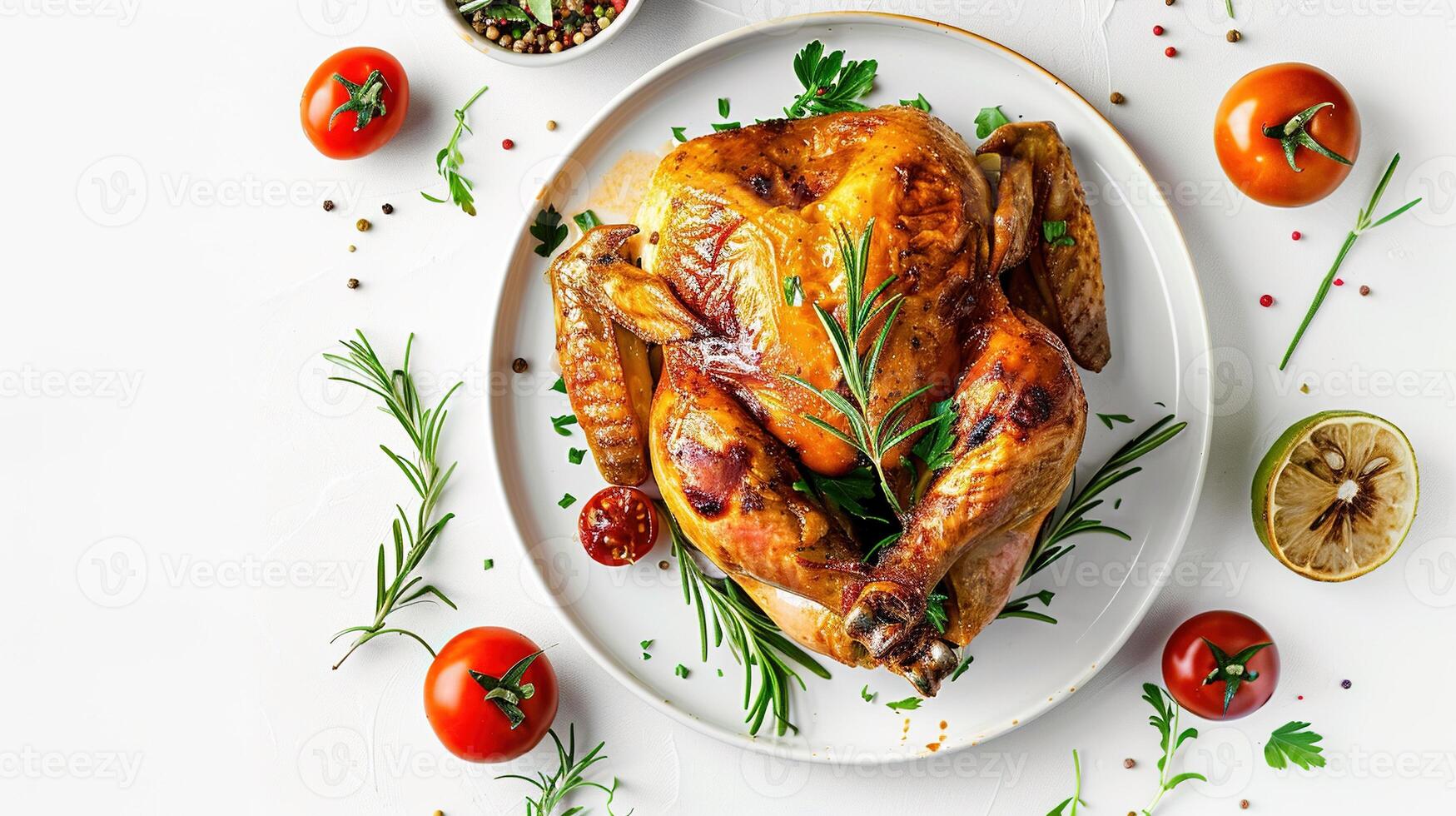 AI generated Roasted Chicken on Plate Isolated on White Background. Flatlay, Roast, BBQ, Grill, Food, Meat, Dinner, Pultry, Fried, Whole, Delicious, Thanksgiving, Dish, Lunch, Cooking, Turkey photo