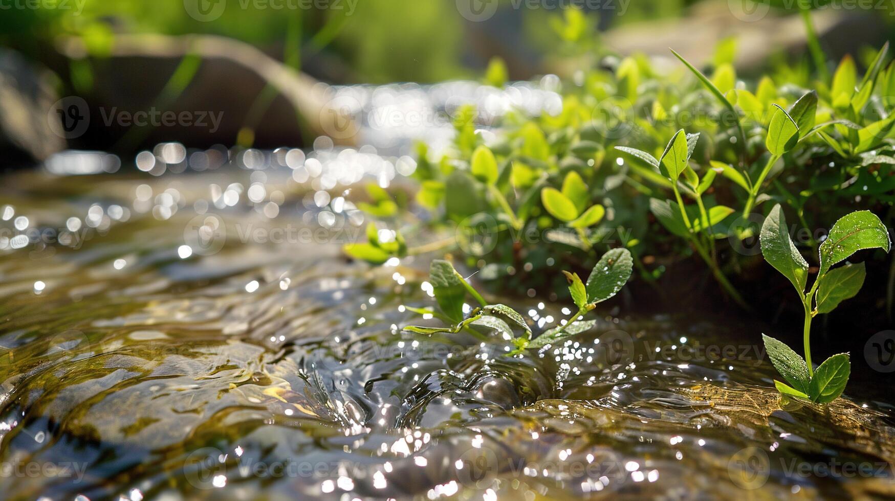 AI generated Beautiful Spring Detailed Close Up Stream of Fresh Water with Young Green Plants. Banner, Springtime, Outdoor, Wild, Nature, Background, Plant, Flow, Flowing, Scenery, Ecology photo