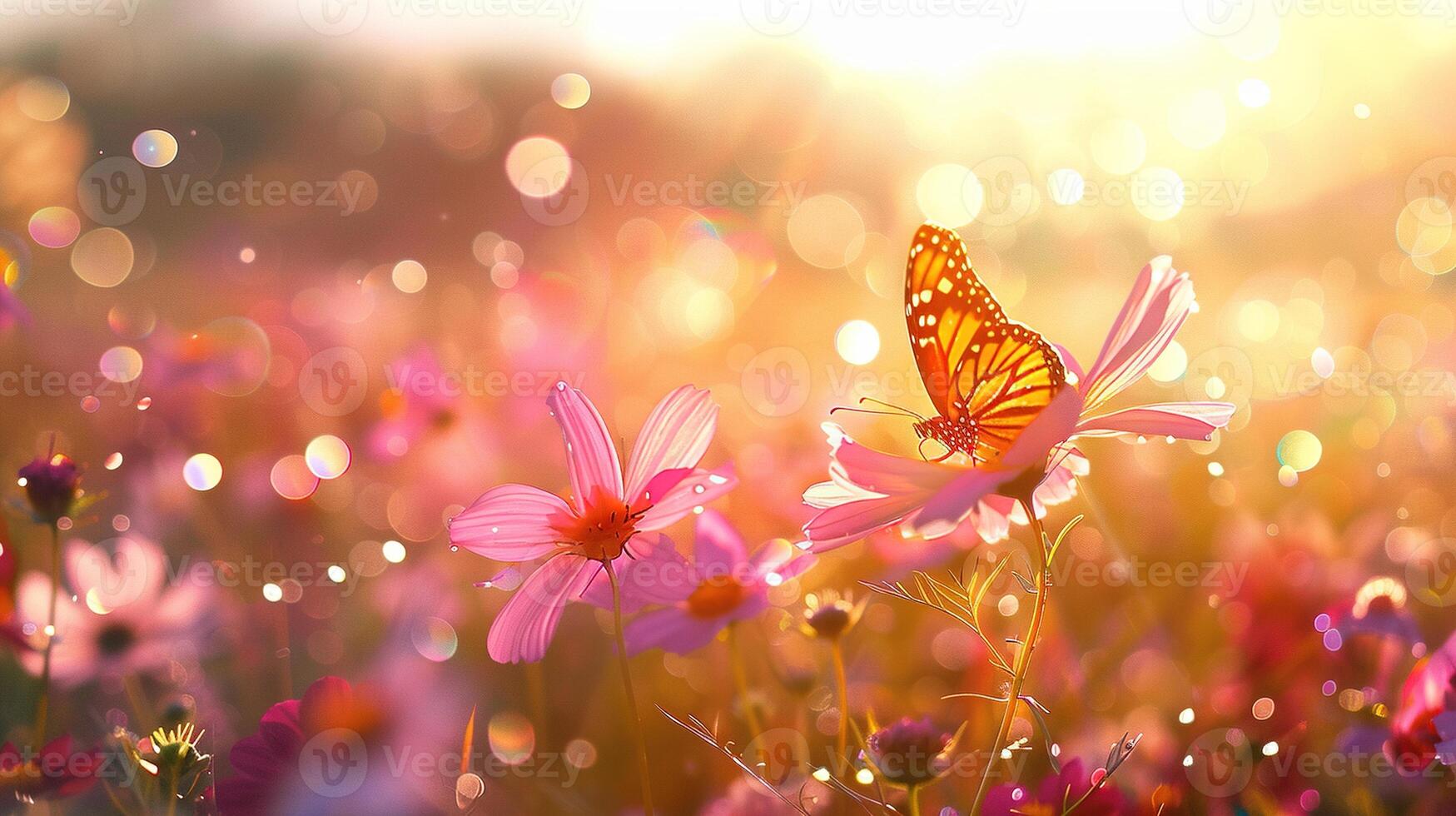 AI generated Field of Colorful Cosmos Flower and Butterfly in Nature with Sunlight. Summer, Spring, Bokeh, Flora, Floral, Violet, Pollen, Insect, Bug, Closeup, Background, Wallpaper, Plant photo