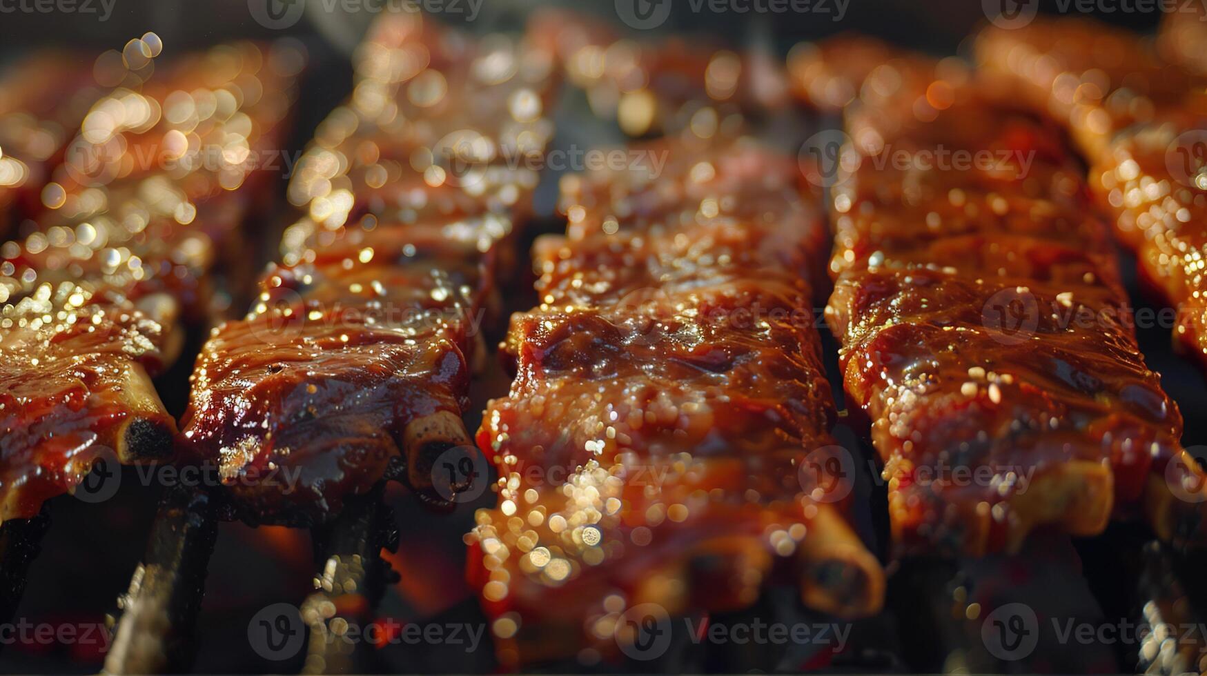 AI generated Close Up of Juicy BBQ Ribs in Smoker. Food, Grill, Cooking, Grilled, Smoked, Meat, Barbecue, Beef, Rib, Closeup, Delicious, Cook photo