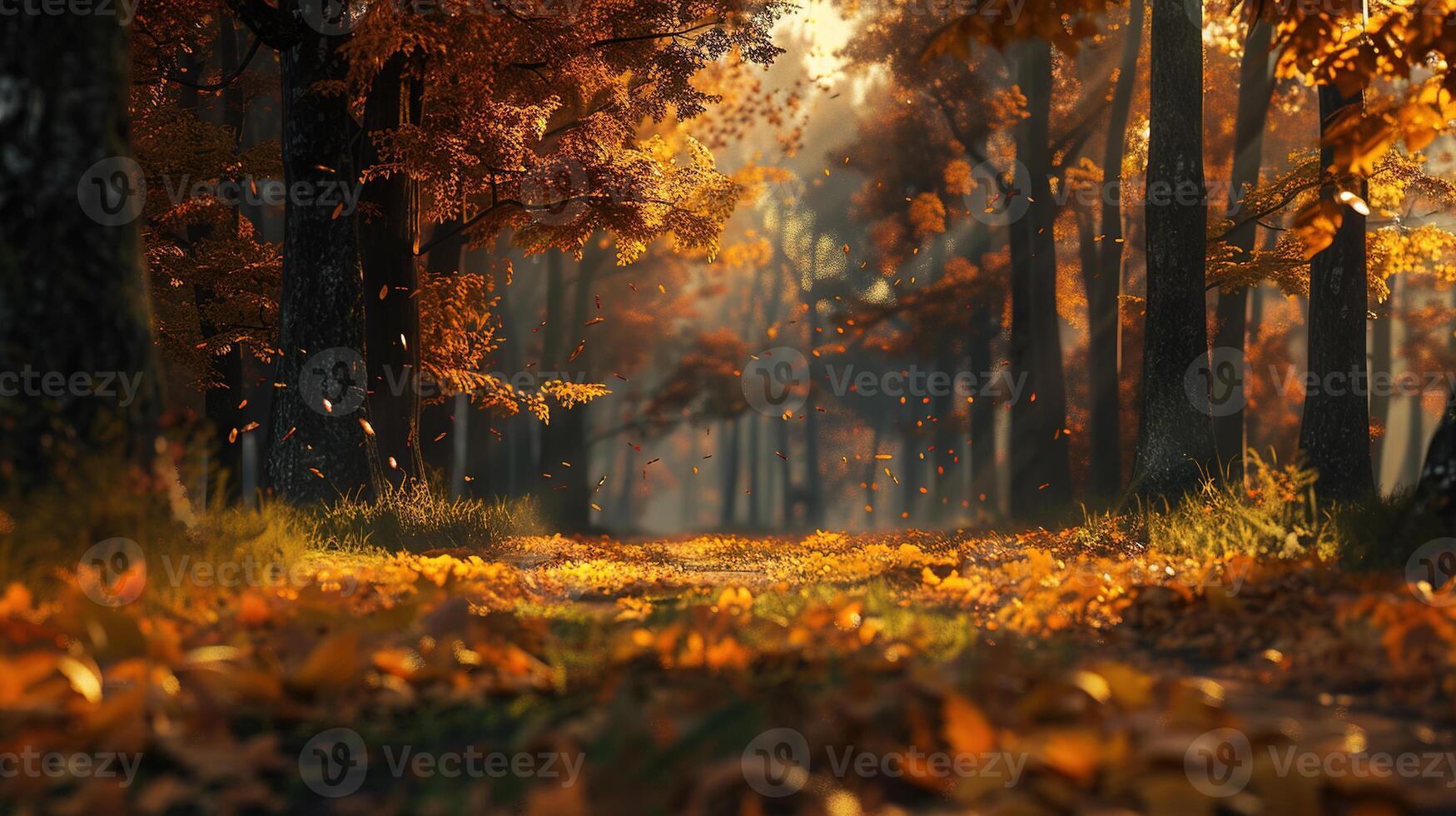 AI generated Autumn in the Woods. Wood, Forest, Jungle, Fall, Season, Nature, Tree, Landscape, Wallpaper, Background, Copy Space, Leaf, Leaves, Foliage, Yellow, Orange, Outdoors, Beautiful photo