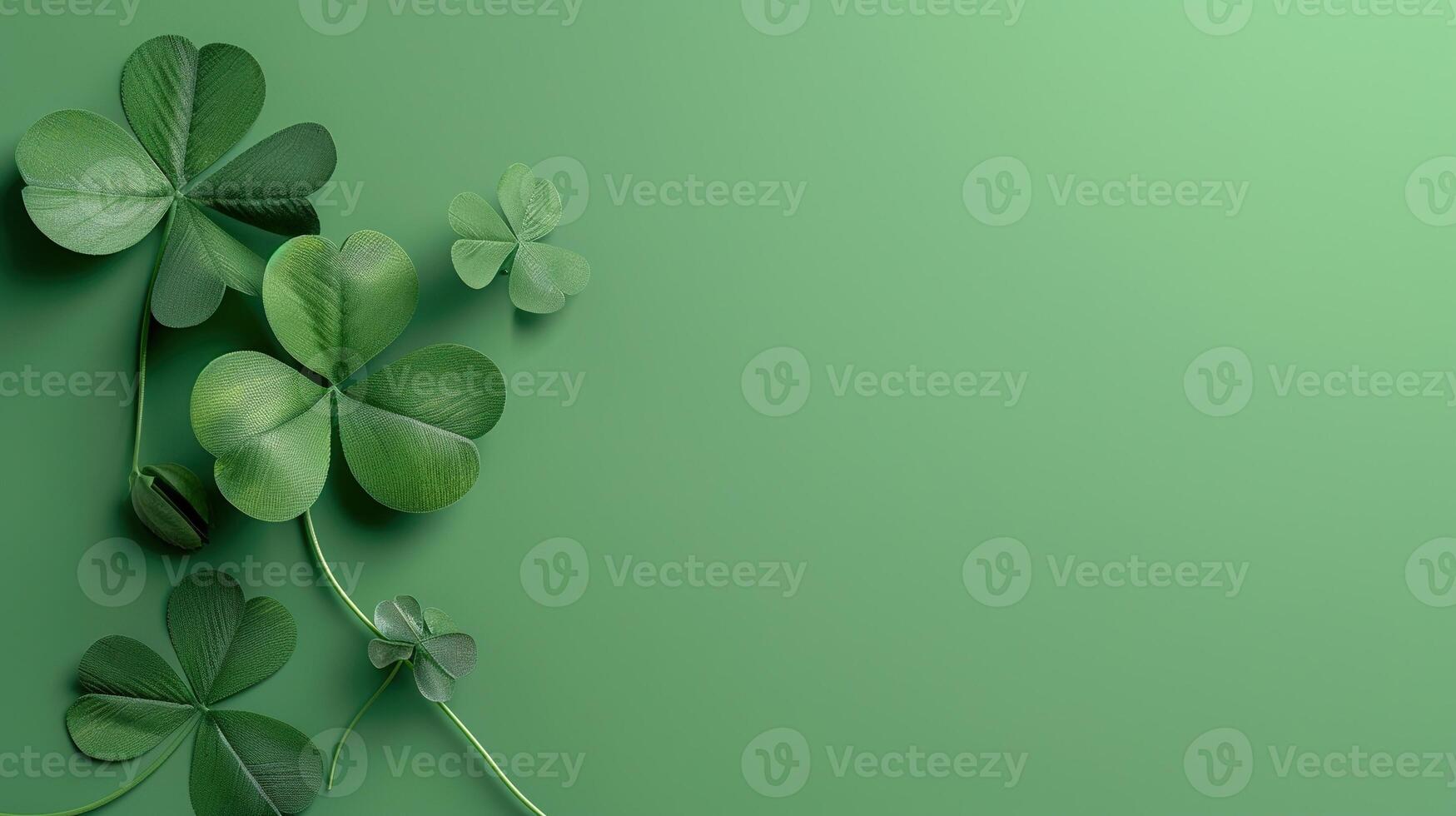 AI generated Green Clover for Good Luck on Bright Green Background. St. Patrick's Day, Holiday, Spring, Plant, Lucky, Coin, Leaf, Luck, Paddy, Patrick, Copy Space, Treasure, Success, Symbol photo