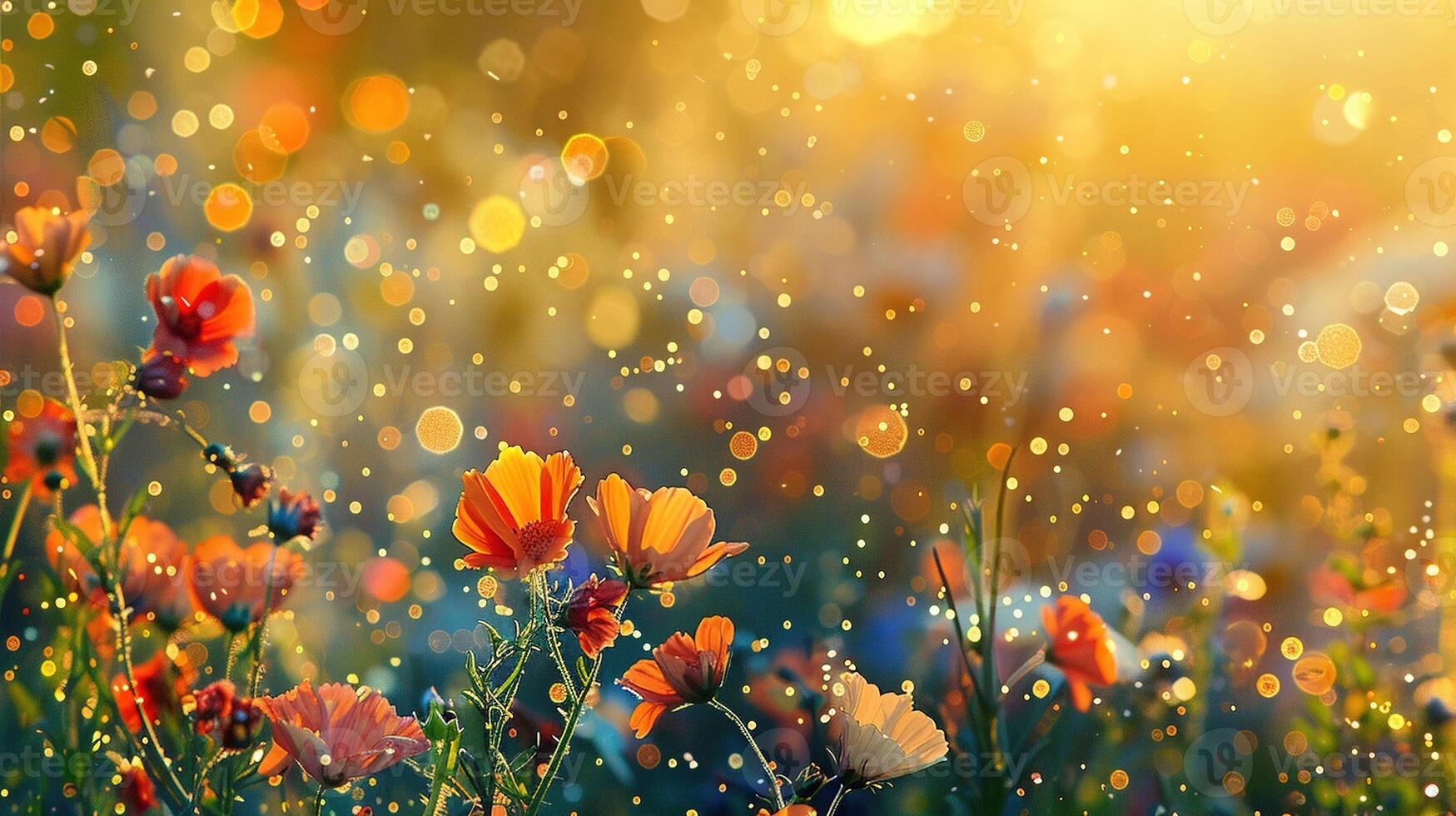 AI generated Colorful Flower Meadow with Sunbeams and Bokeh Lights in Summer. Nature, Background, Banner, Copy Space, Greeting Card, Spring, Floral, Flora, Season, Colourful, Plant, Light, Sun photo