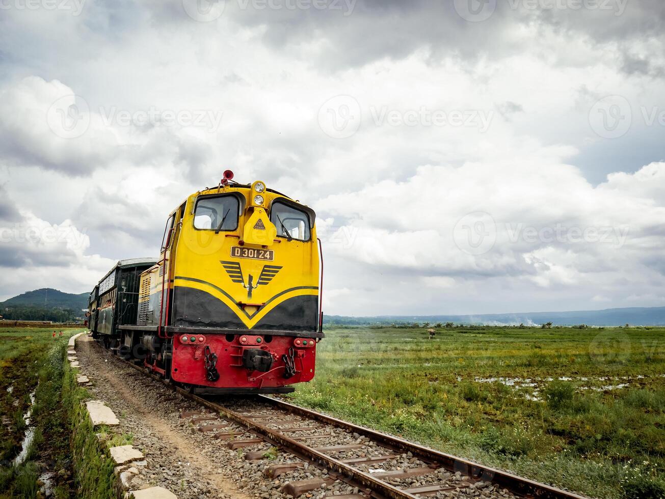 The train runs past the railroad located in the middle of rice fields with thick clouds behind photo