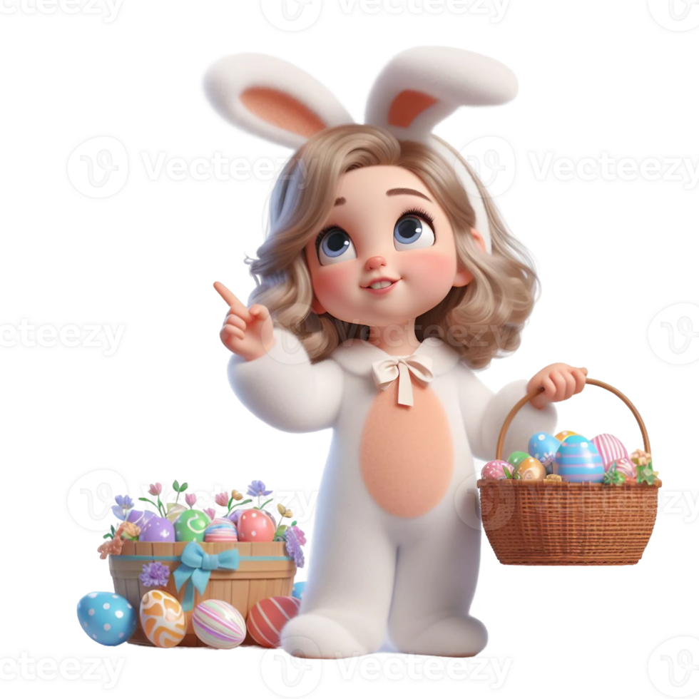 AI generated Little girl in an Easter bunny costume with basket looks up in surprise isolated on PNG background