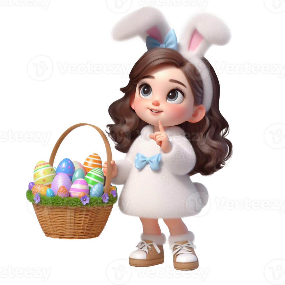 AI generated Little girl in an Easter bunny costume with basket looks up in surprise isolated on PNG background.