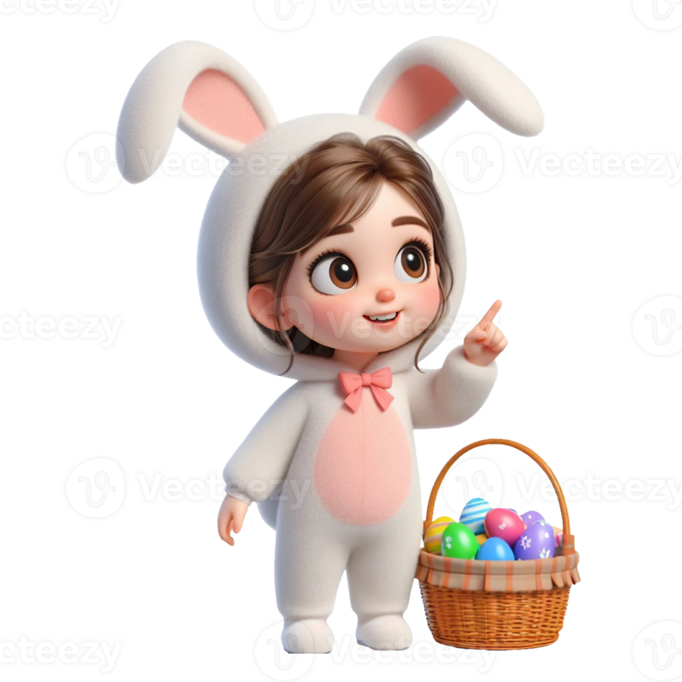 AI generated Little girl in an Easter bunny costume with basket looks up in surprise isolated on PNG background