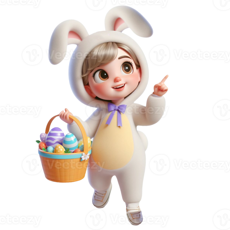 AI generated Little girl in an Easter bunny costume with basket looks up in surprise isolated on PNG background.
