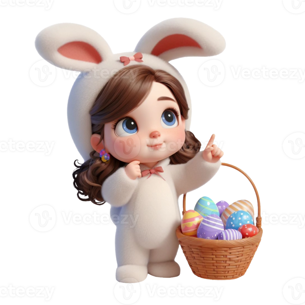 AI generated Little girl in an Easter bunny costume with basket looks up in surprise isolated on PNG background.