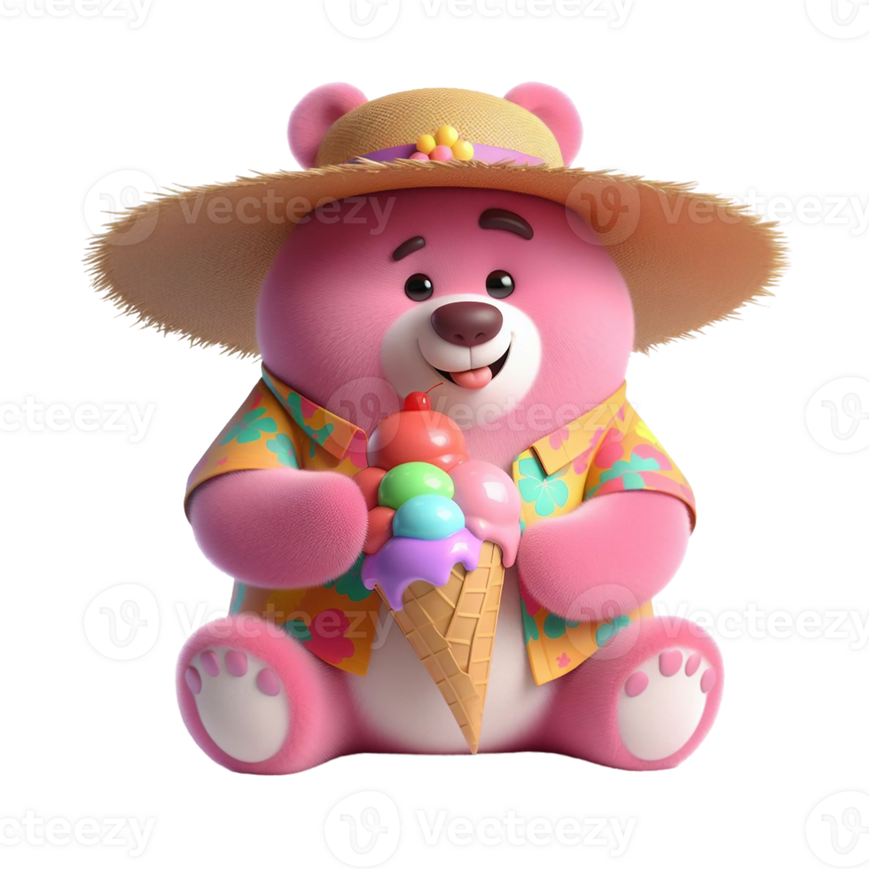 AI generated Pink teddy bear wearing straw beach hat and Hawaiian style shirt eats ice cream isolated on PNG background.