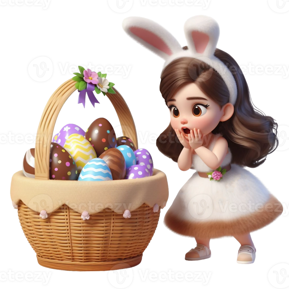 AI generated Little girl in bunny costume looks in surprise at an basket with chocolate eggs isolated on PNG background.