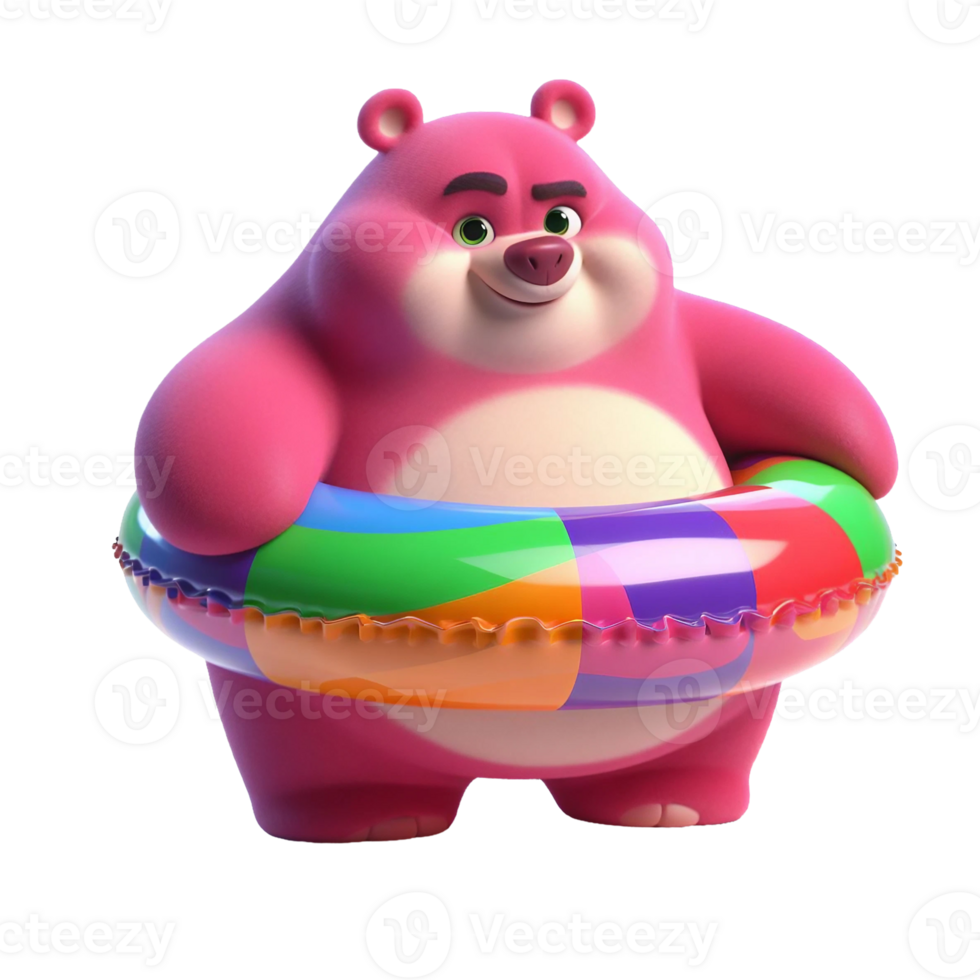 AI generated Large and funny pink bear in a large bright swimming ring isolated on PNG background.