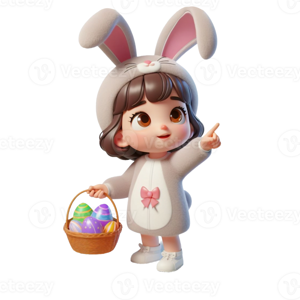 AI generated Little girl in an Easter bunny costume with basket looks up in surprise isolated on PNG background