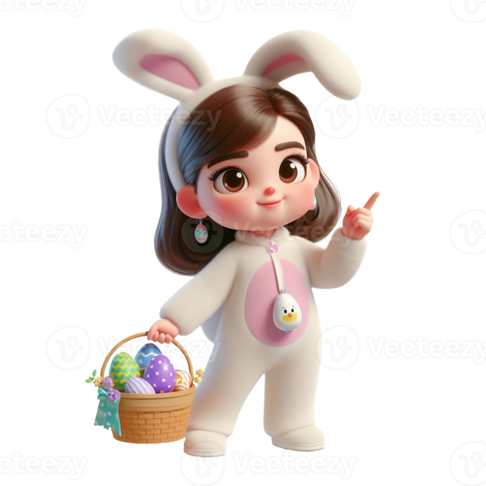 AI generated Little girl in an Easter bunny costume with basket looks up in surprise isolated on PNG background.