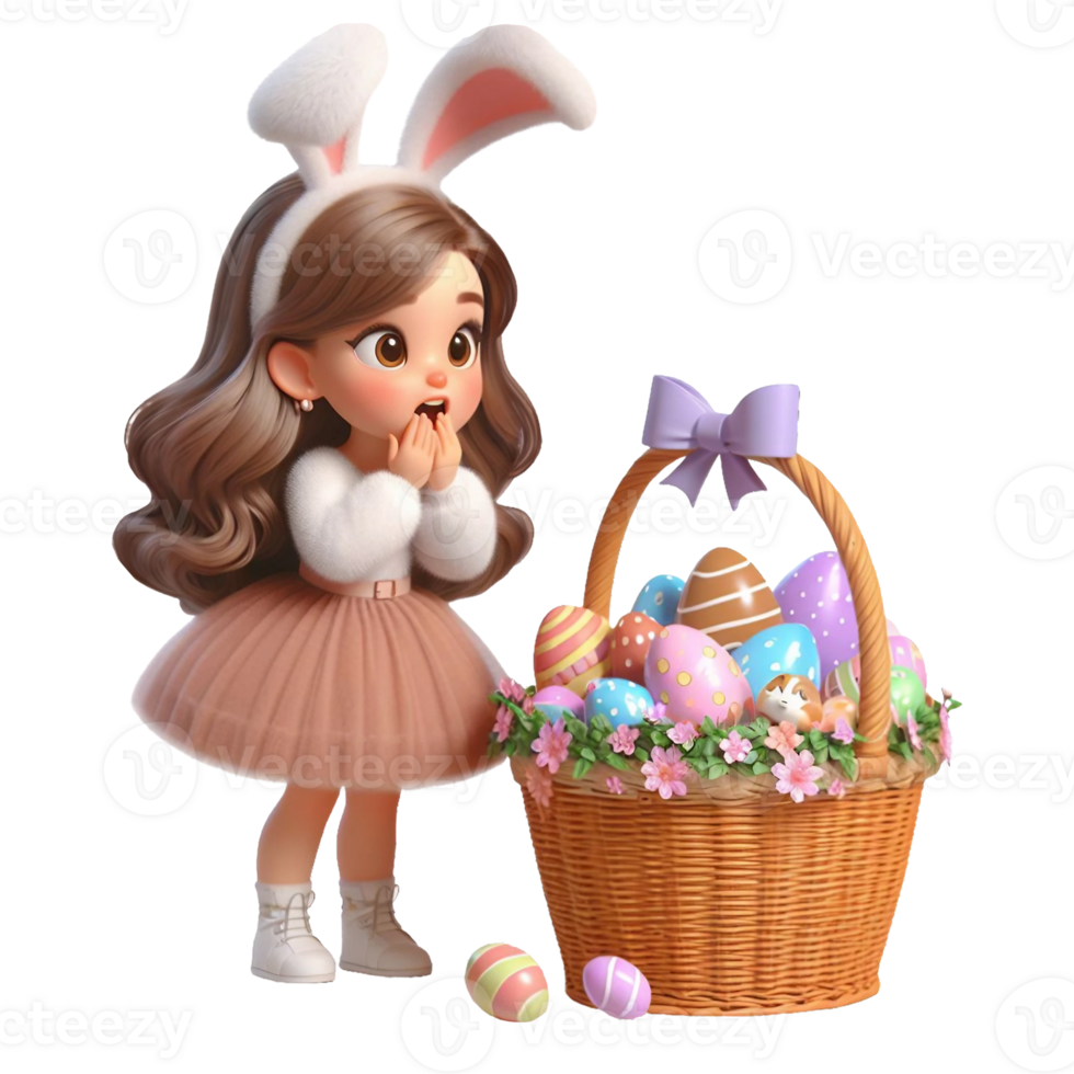 AI generated Little girl in bunny costume looks in surprise at an basket with chocolate eggs isolated on PNG background.