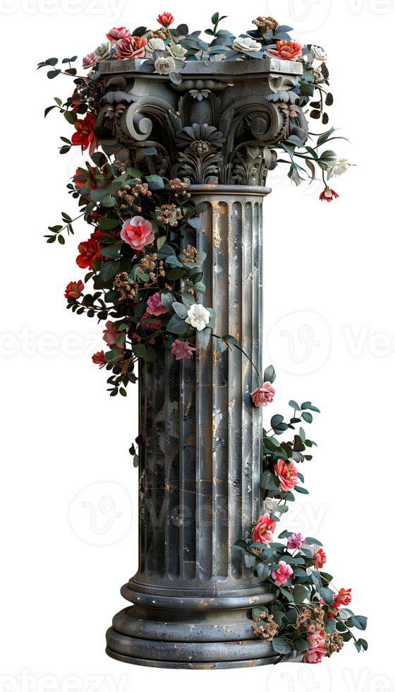 AI generated Ancient Greek column wrapped in plants and flowers PNG. Ancient Greek pillar PNG. Ionic column with flowers PNG. Doric column PNG. Corinthian column isolated png