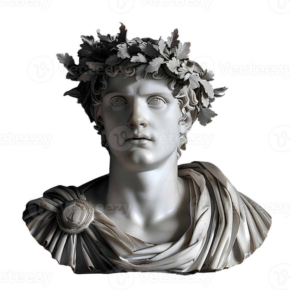 AI generated Marble bust of a Greek man looking to the side PNG. Ancient Greek bust of a roman emperor PNG. Ancient roman bust PNG