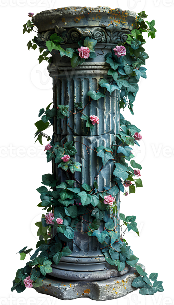 AI generated Ancient Greek column wrapped in plants and flowers PNG. Ancient Greek pillar PNG. Ionic column with flowers PNG. Doric column PNG. Corinthian column isolated png