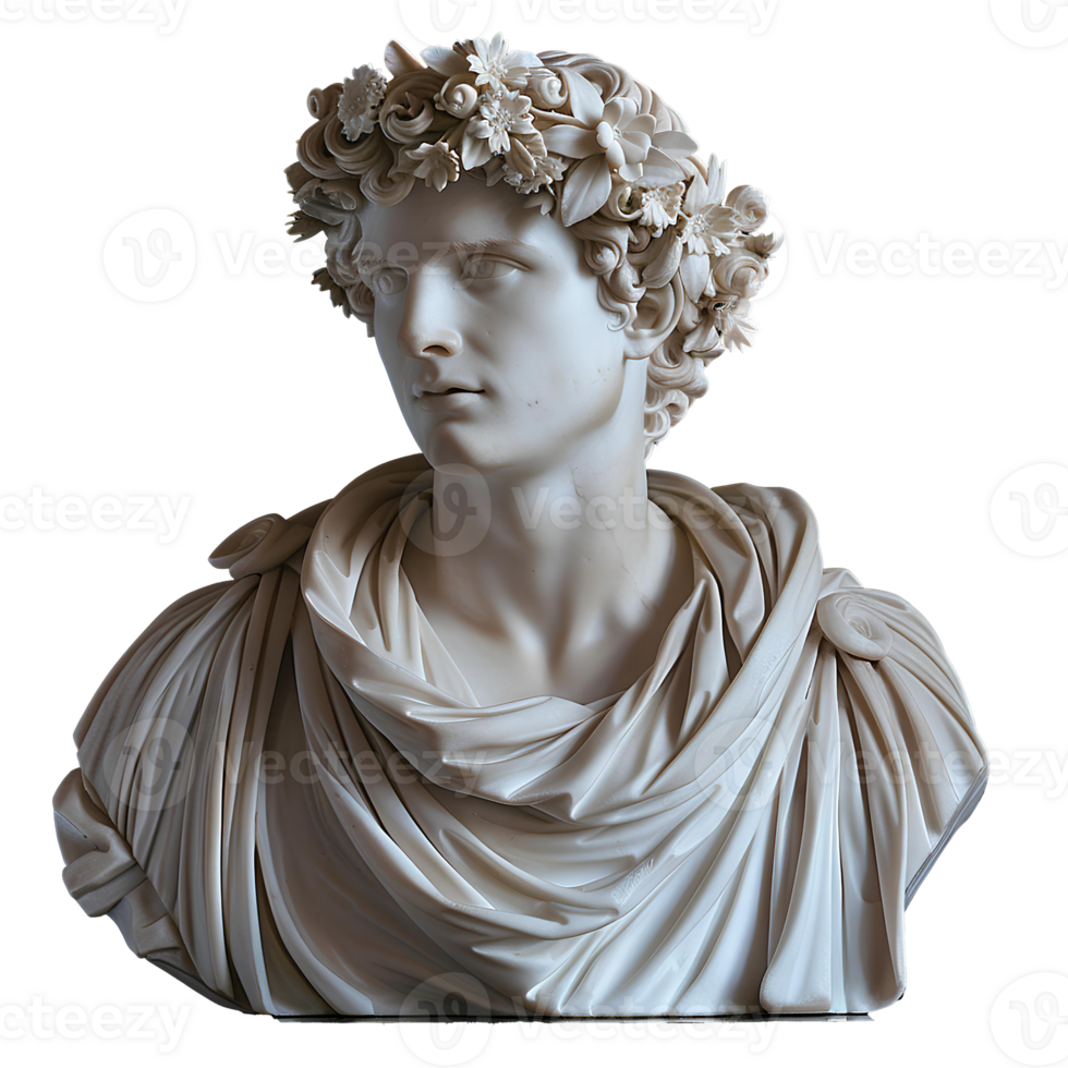 AI generated Marble bust of a Greek man looking to the side PNG. Ancient Greek bust of a roman emperor PNG. Ancient roman bust PNG