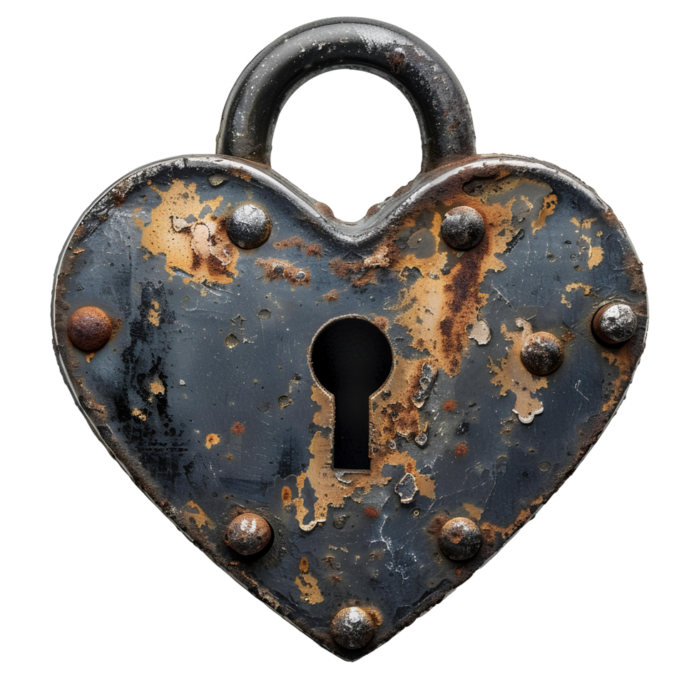 AI generated Heart shaped lock PNG. Rustic and old heart shaped lock. Old key lock PNG flat lay