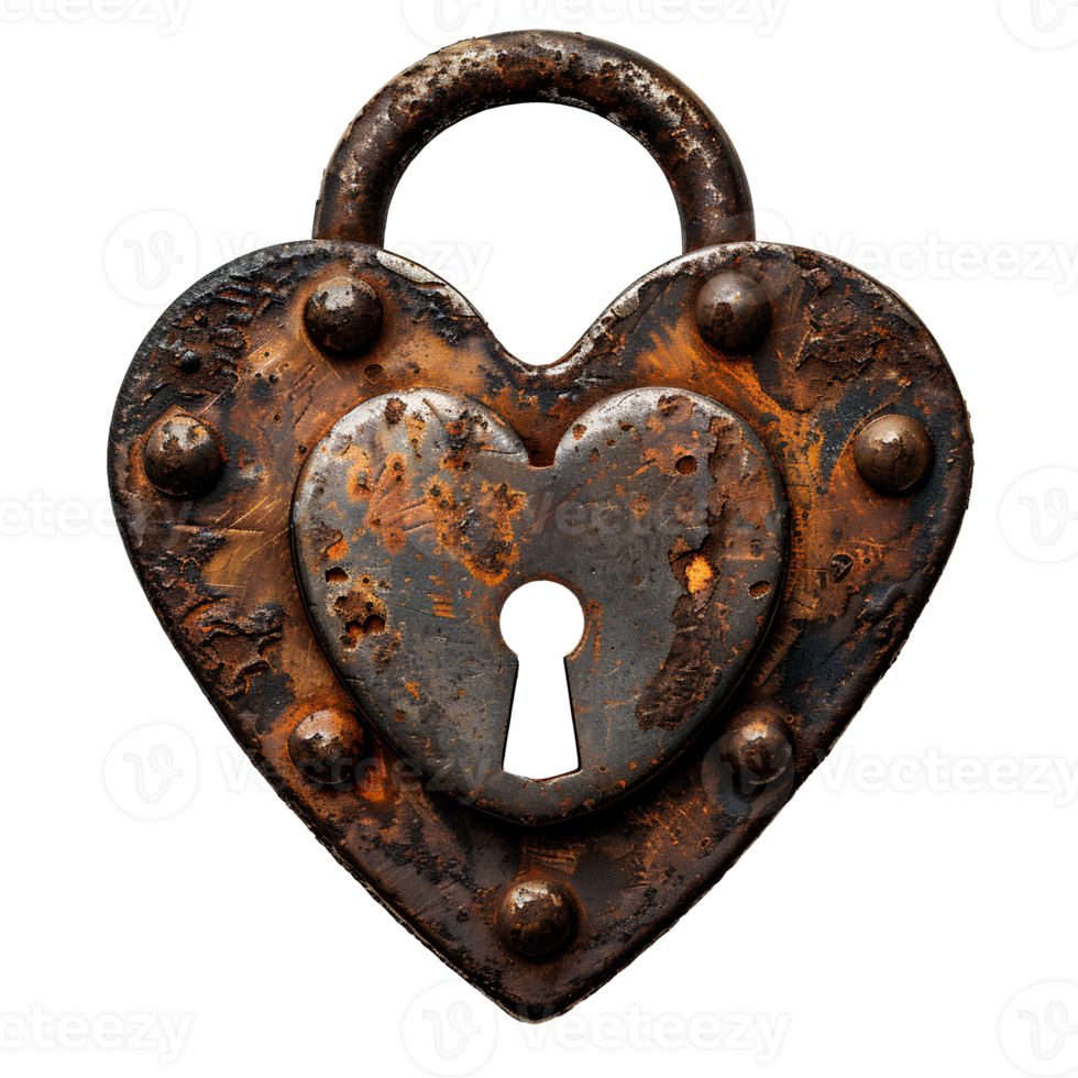 AI generated Heart shaped lock PNG. Rustic and old heart shaped lock. Old key lock PNG flat lay