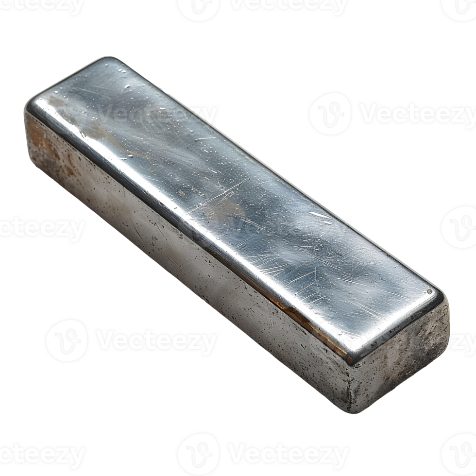 AI generated Silver bar PNG. Stainless steel ingot isolated. Reflective silver bar for smelting PNG. metal bar top view flat lay isolated png