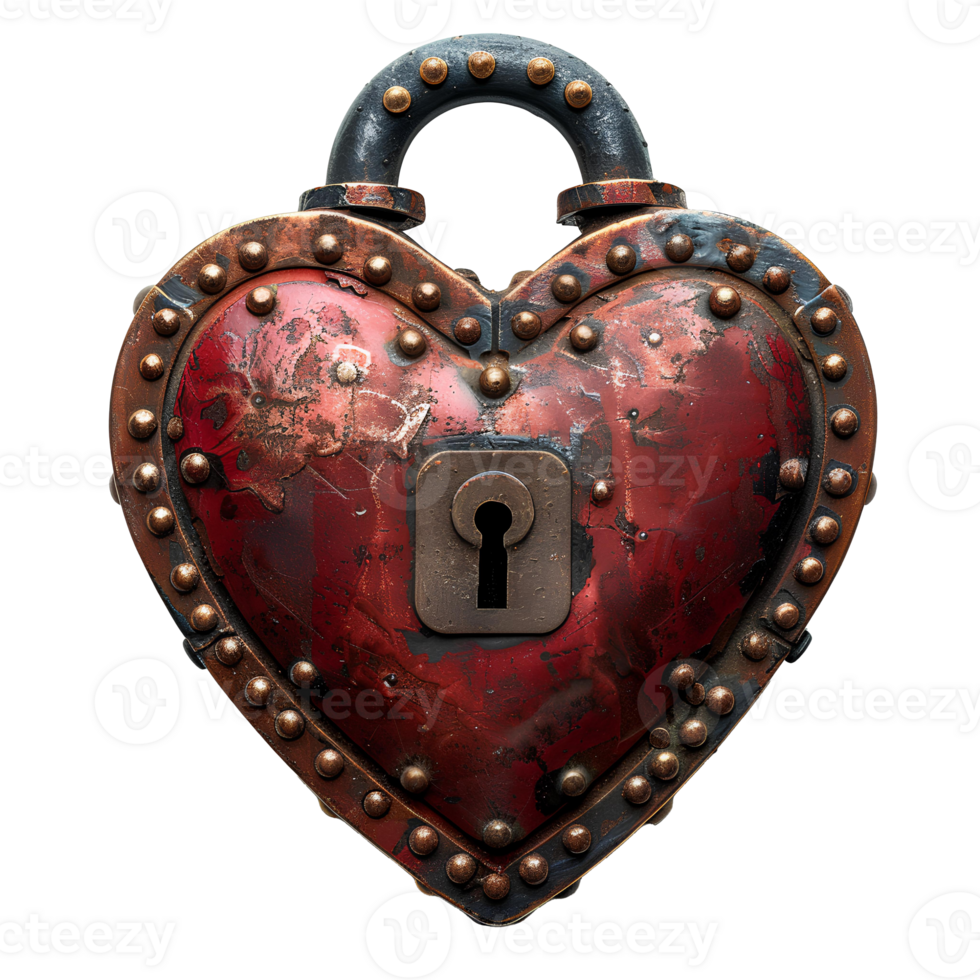 AI generated Heart shaped lock PNG. Rustic and old heart shaped lock. Old key lock PNG flat lay