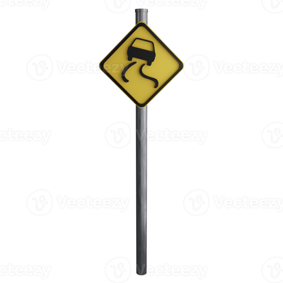 Slippery road sign on the road clipart flat design icon isolated on transparent background, 3D render road sign and traffic sign concept png