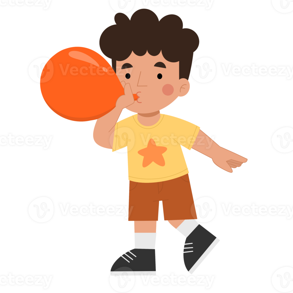 Illustration of a little boy blowing up a balloon png