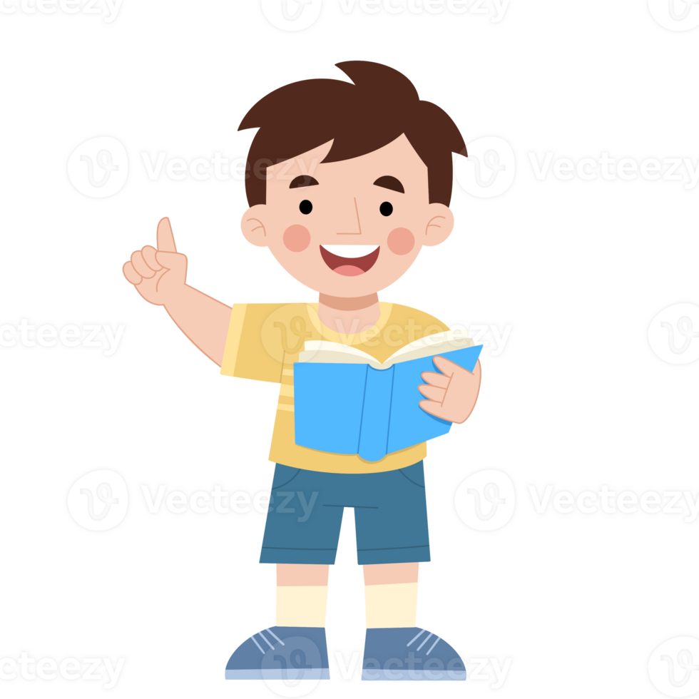 Illustration of a little boy standing reading a book png