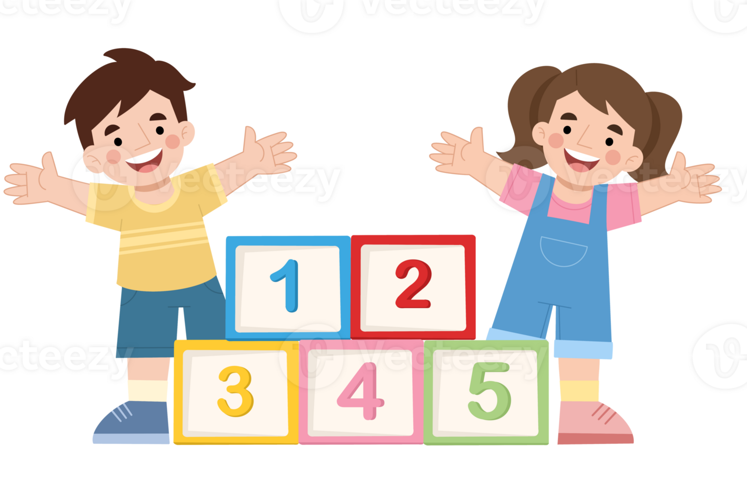Boy and girl with number blocks cartoon illustration png