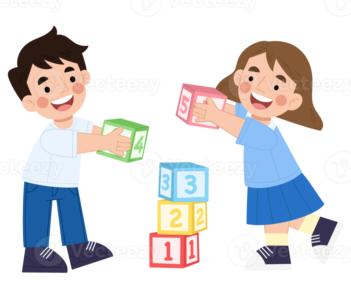 Illustration of boy and girl playing with building blocks png