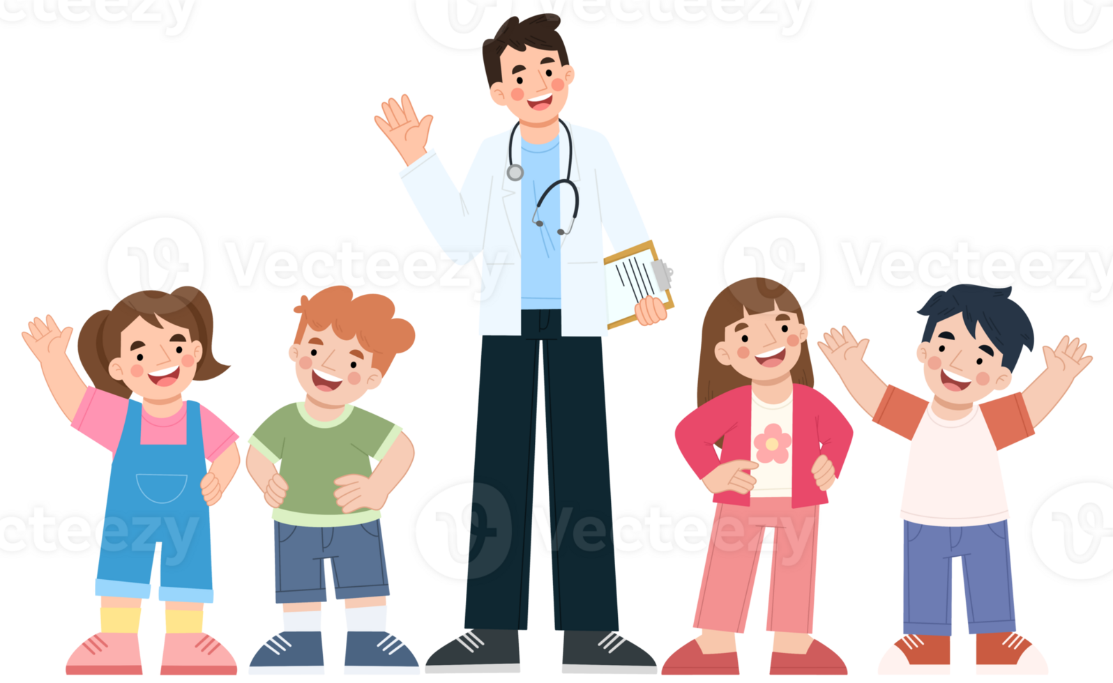 Illustration of children standing with the doctor png