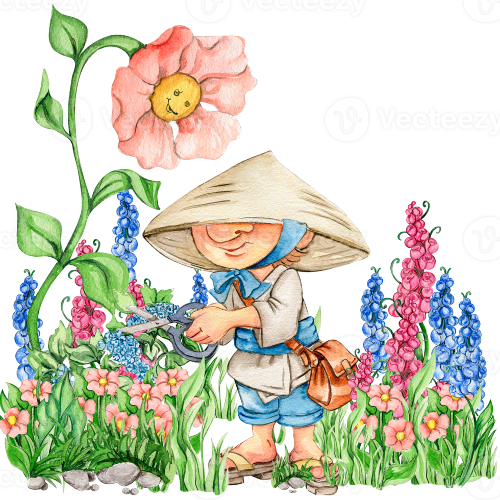 Composition of watercolor hand drawn cute Nordic Scandinavian gnomes and flowers and leaves watercolor illustration. png